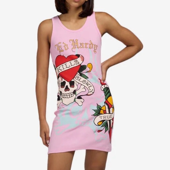 Ed Hardy Dresses & Skirts - ED HARDY Retro Flash Rib Tank Dress Pink tattoo print size medium Y2K casual